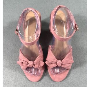 LOFT Blush Pink Suede Bow Wedge Heels Ankle Strap Sandals 9.5 Feminine Wedding‎